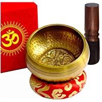 TARORO Cuenco Tibetano Ø12cm- Hecho a mano en Nepal ~ Diseño antiguo original ~ Vendido con un cojín de seda roja- un…